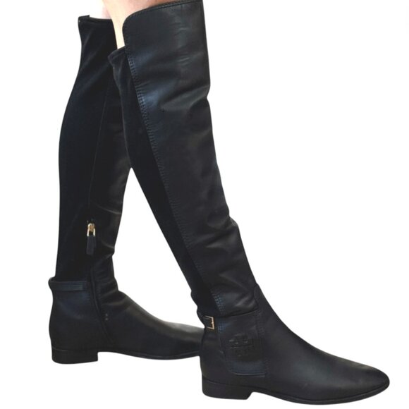 Tory Burch Wyatt Boots Over the Knee 7.5 Black Leather OTK Stretch Back - Picture 2 of 10